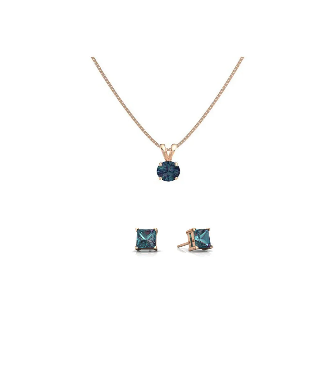 18K Rose Gold 1ct Alexandrite Round 18 Inch Necklace and Square Earrings Set Plated