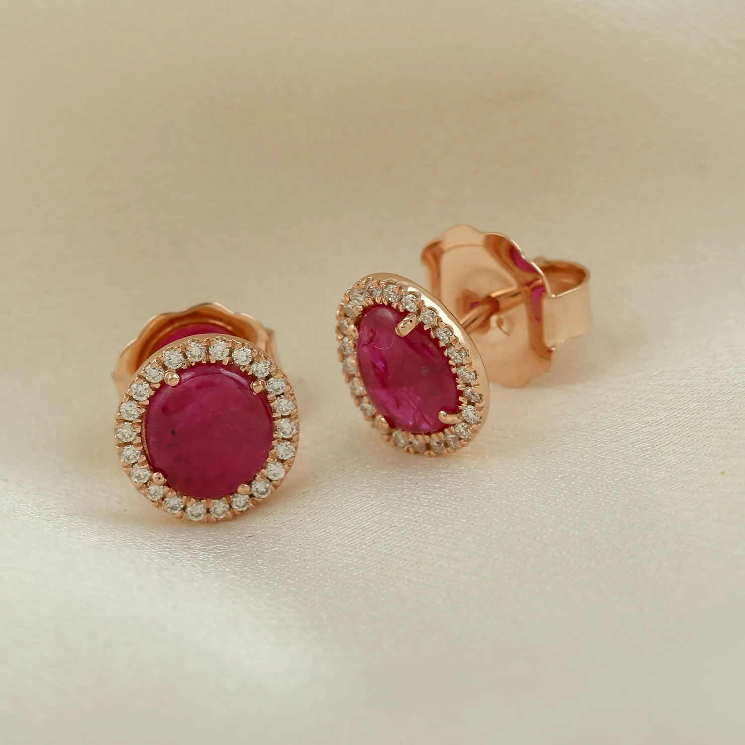 18k Rose Gold Prong Ruby July Birthstone Pave Diamond Halo Stud Earrings