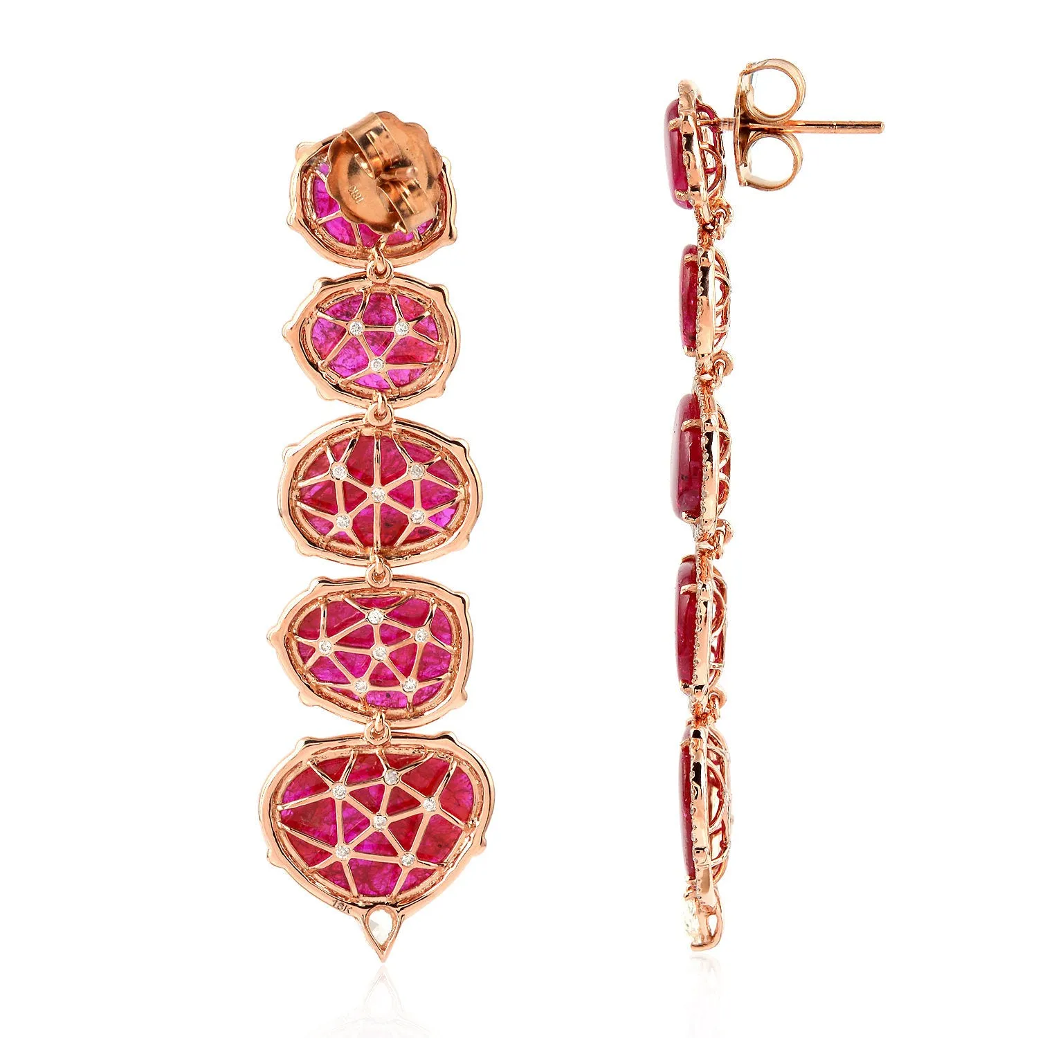 18K Rose Gold Slice Ruby Precious Gemstone Pave Diamond Tier Dangler Auction Sale Jewelry