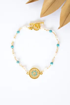 18K Toggle Floral Gemstone Pearl Bracelet