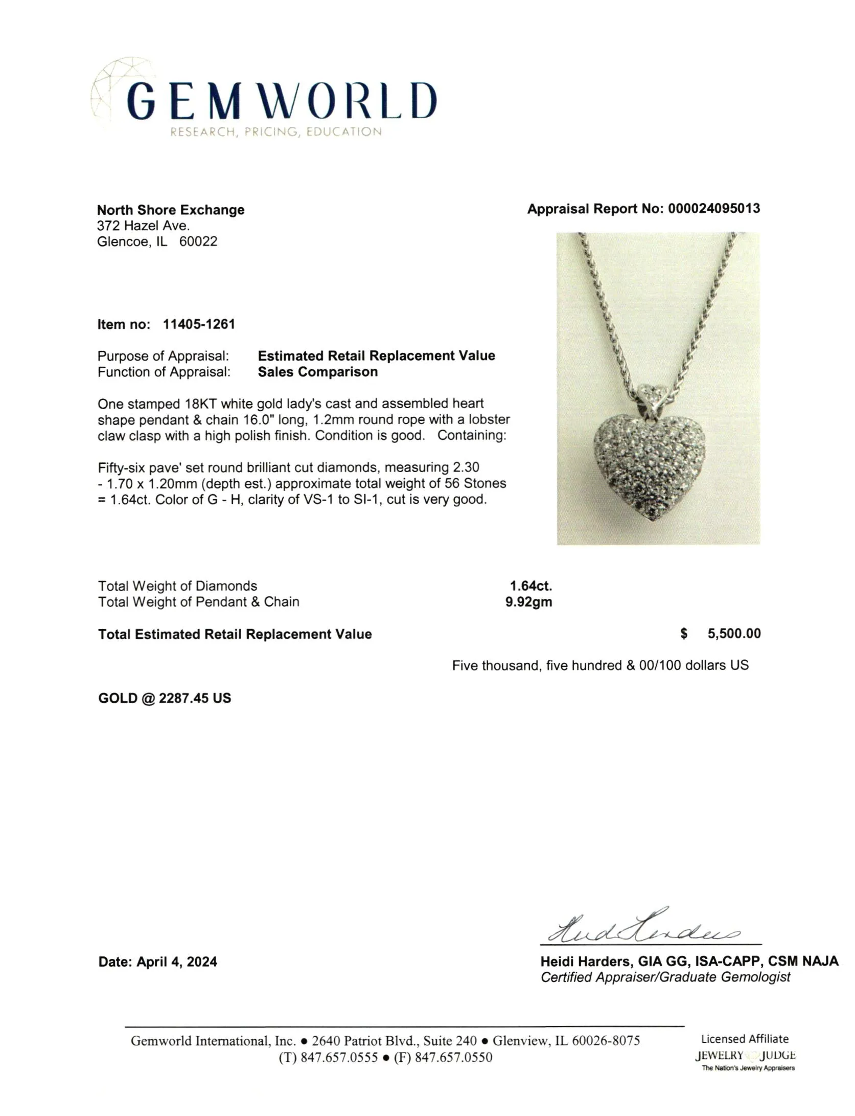 18K White Gold 16" Necklace with Diamond Heart Pendant