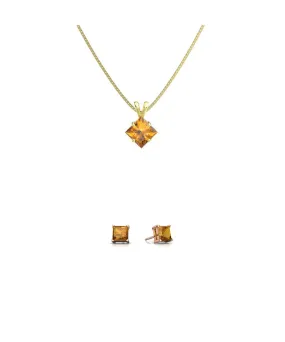 18K Yellow Gold 4ct Created Citrine CZ Square 18 Inch Necklace and Earrings Set Plated