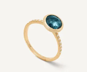 18K Yellow Gold London Blue Topaz Ring with Diamond Pavé Shank