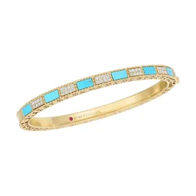 18K Yellow Gold Mosaic Alternating Diamond and Turquoise Bangle