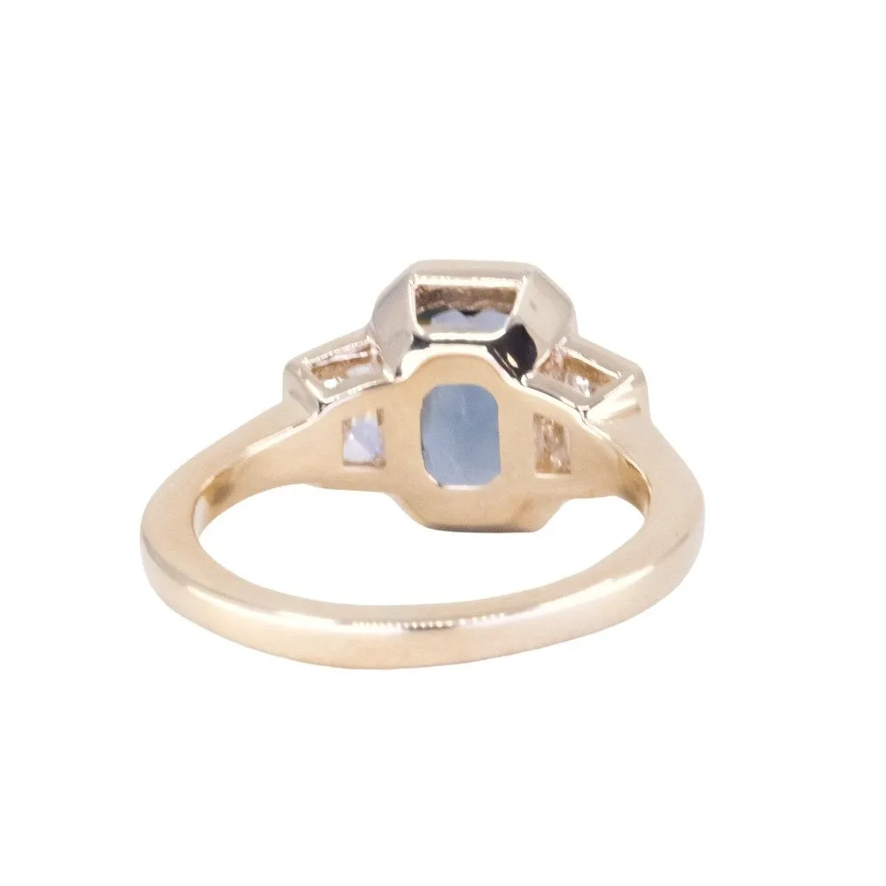 2.02ct Untreated Radiant Cut Color Shifting Sapphire and White Diamond Three Stone Bezel Set Ring in 14k Yellow Gold