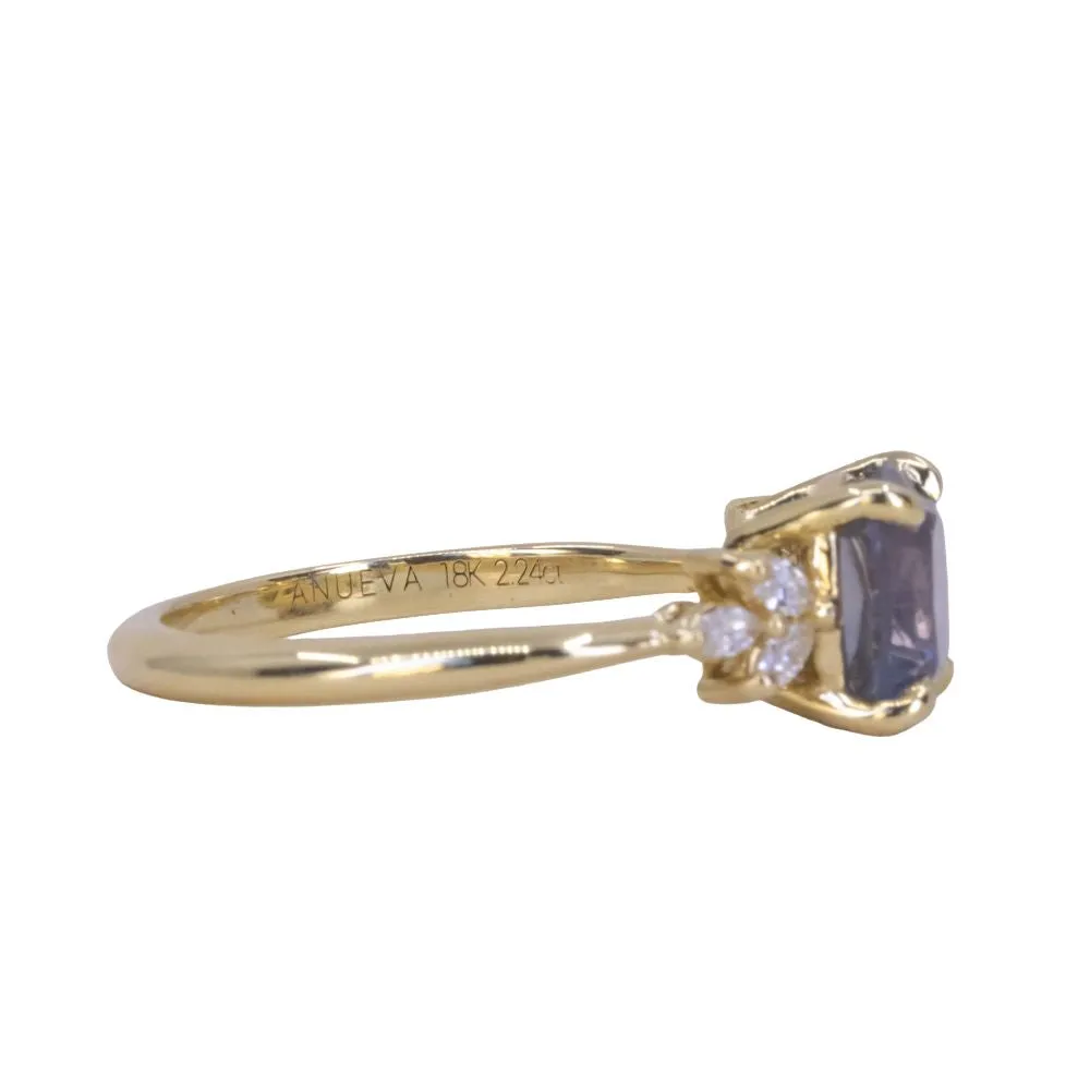 2.24ct Untreated Montana Sapphire Cushion Cut Marquise Diamond Cluster Ring in 18k Yellow Gold