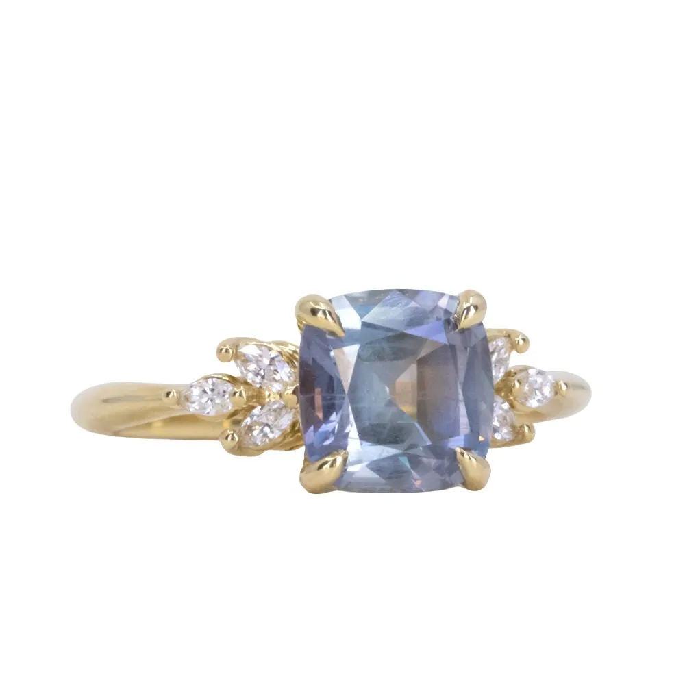 2.24ct Untreated Montana Sapphire Cushion Cut Marquise Diamond Cluster Ring in 18k Yellow Gold