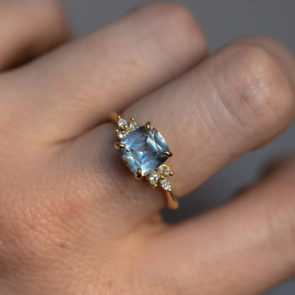 2.24ct Untreated Montana Sapphire Cushion Cut Marquise Diamond Cluster Ring in 18k Yellow Gold