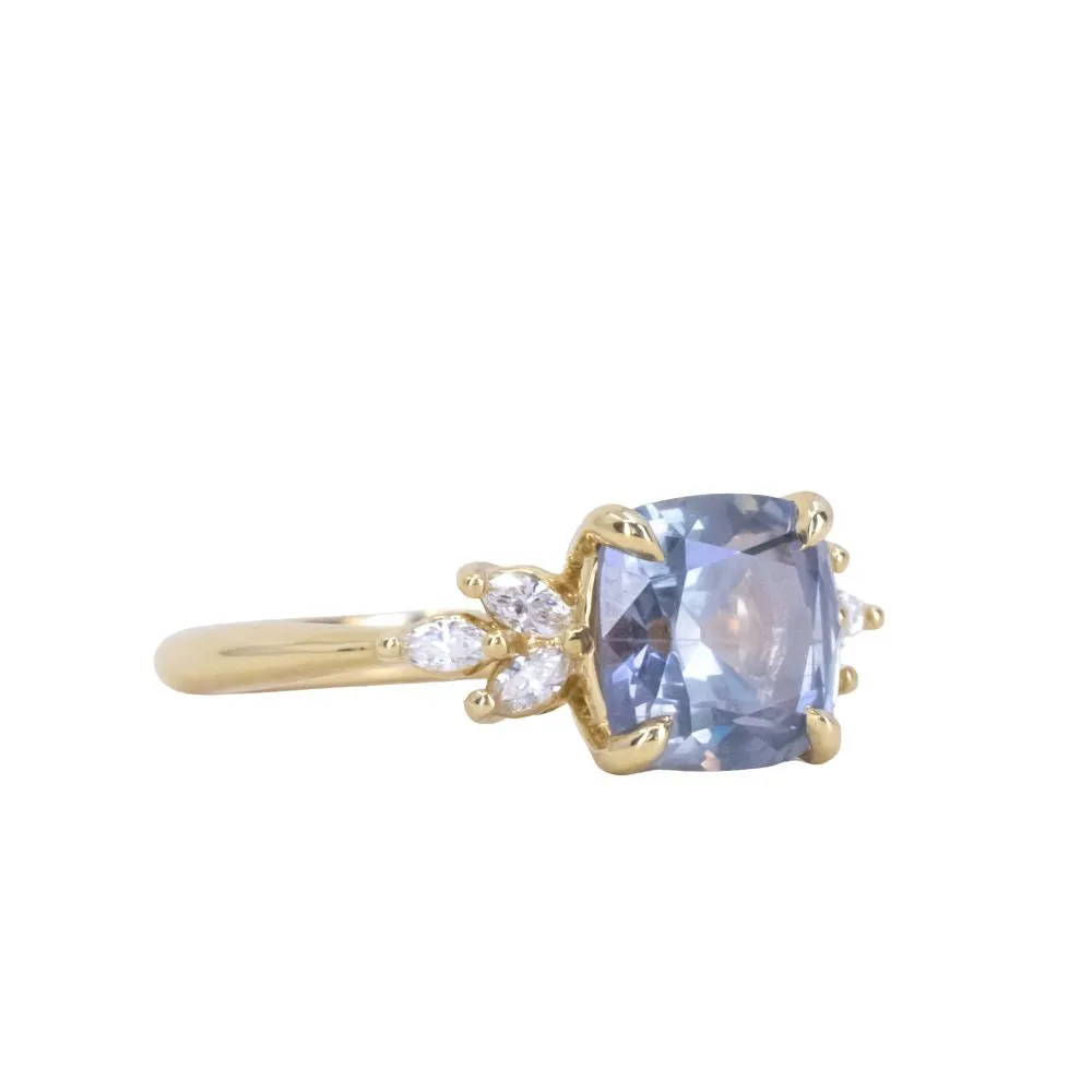 2.24ct Untreated Montana Sapphire Cushion Cut Marquise Diamond Cluster Ring in 18k Yellow Gold