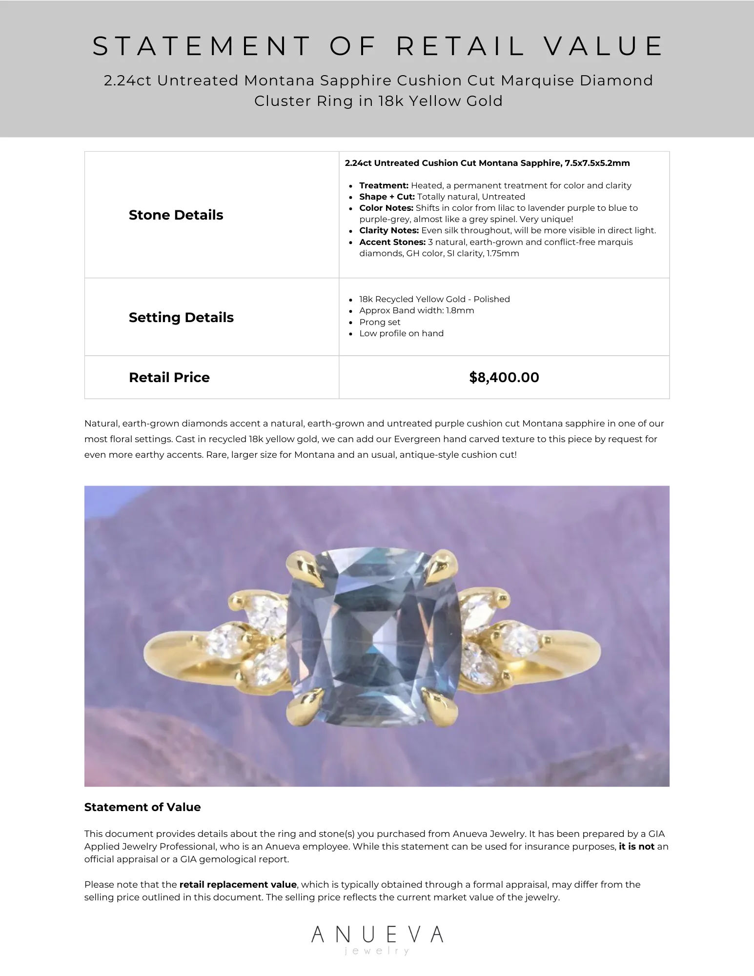 2.24ct Untreated Montana Sapphire Cushion Cut Marquise Diamond Cluster Ring in 18k Yellow Gold