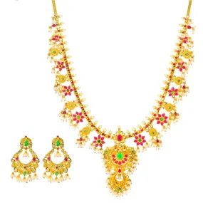 22K Yellow Gold Antique Guttapusalu Necklace and Earrings Set W/ Emeralds, Pearls, CZ, Rubies & Flower Accents