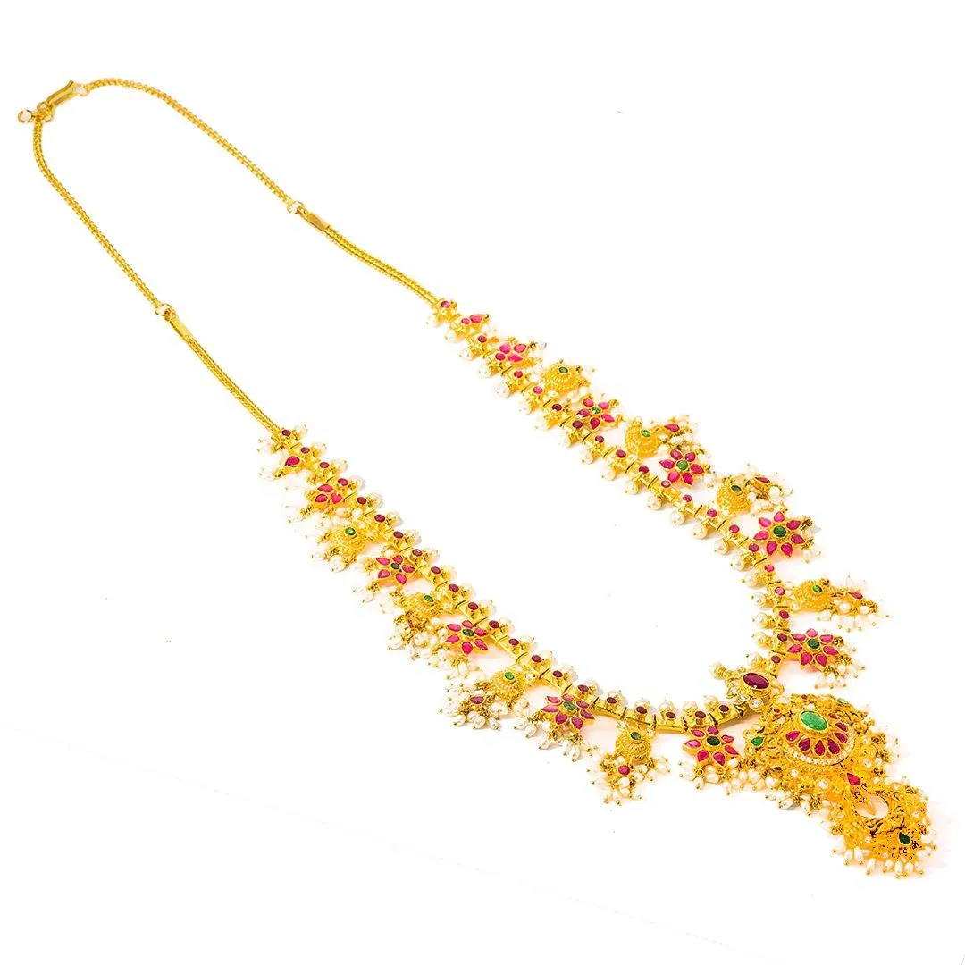 22K Yellow Gold Antique Guttapusalu Necklace and Earrings Set W/ Emeralds, Pearls, CZ, Rubies & Flower Accents