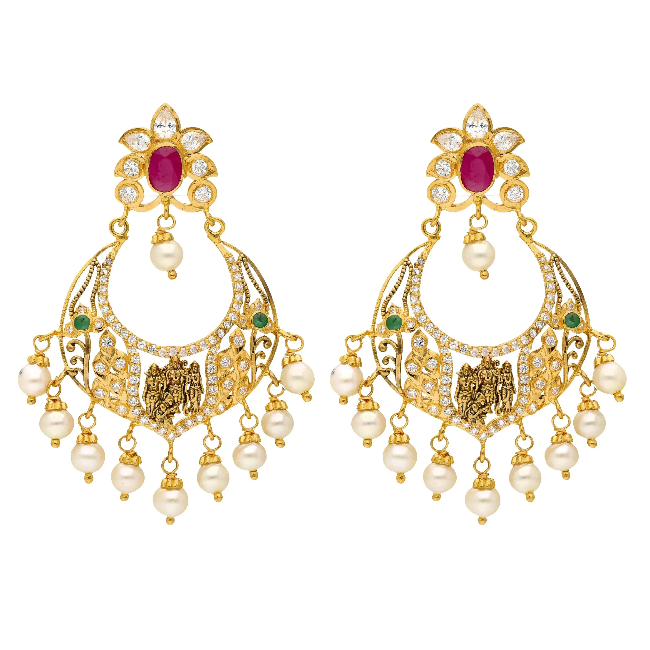 22K Yellow Gold, Emerald, Ruby, Pearls and CZ Chandbali Temple Earrings (17.5 grams)