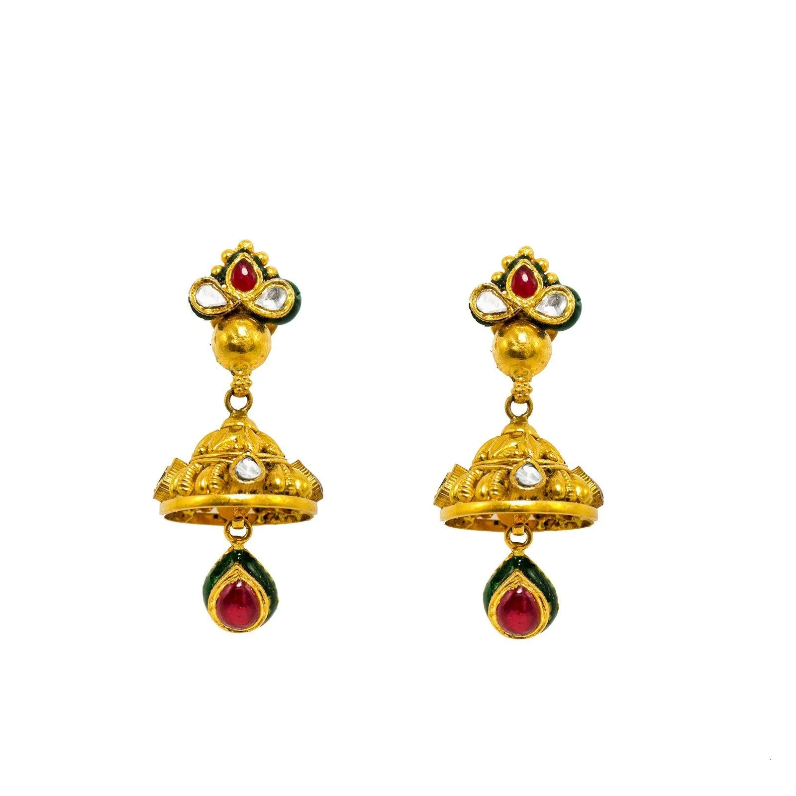 22K Yellow Gold Jhumki Earrings W/ Rubies, Emeralds, Kundan & Artisanal teardrop Accents