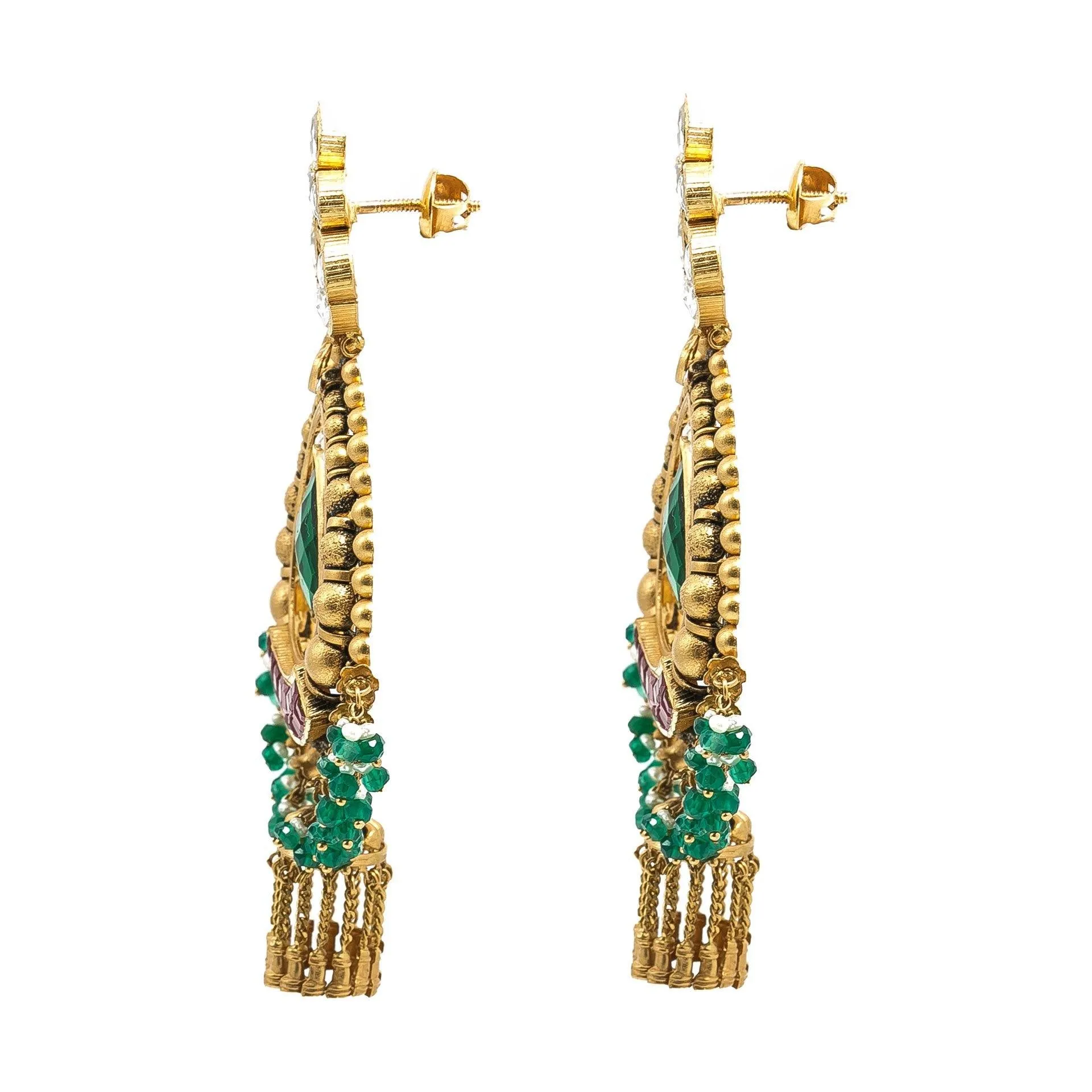 22K Yellow Gold JhumkiDrop Earrings W/ Rubies, Emeralds, Pearls, Kundan & Antique Finish Pendants