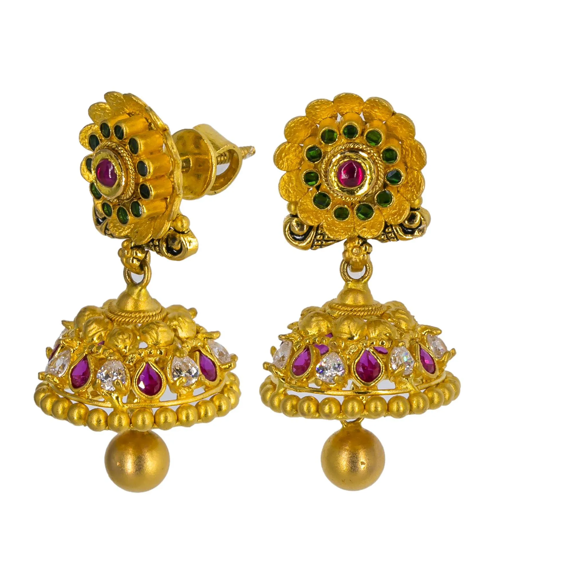 22K Yellow Gold Long Necklace & Jhumki Earrings W/ Rubies, Emeralds, CZ & Peacock Accented Necklace