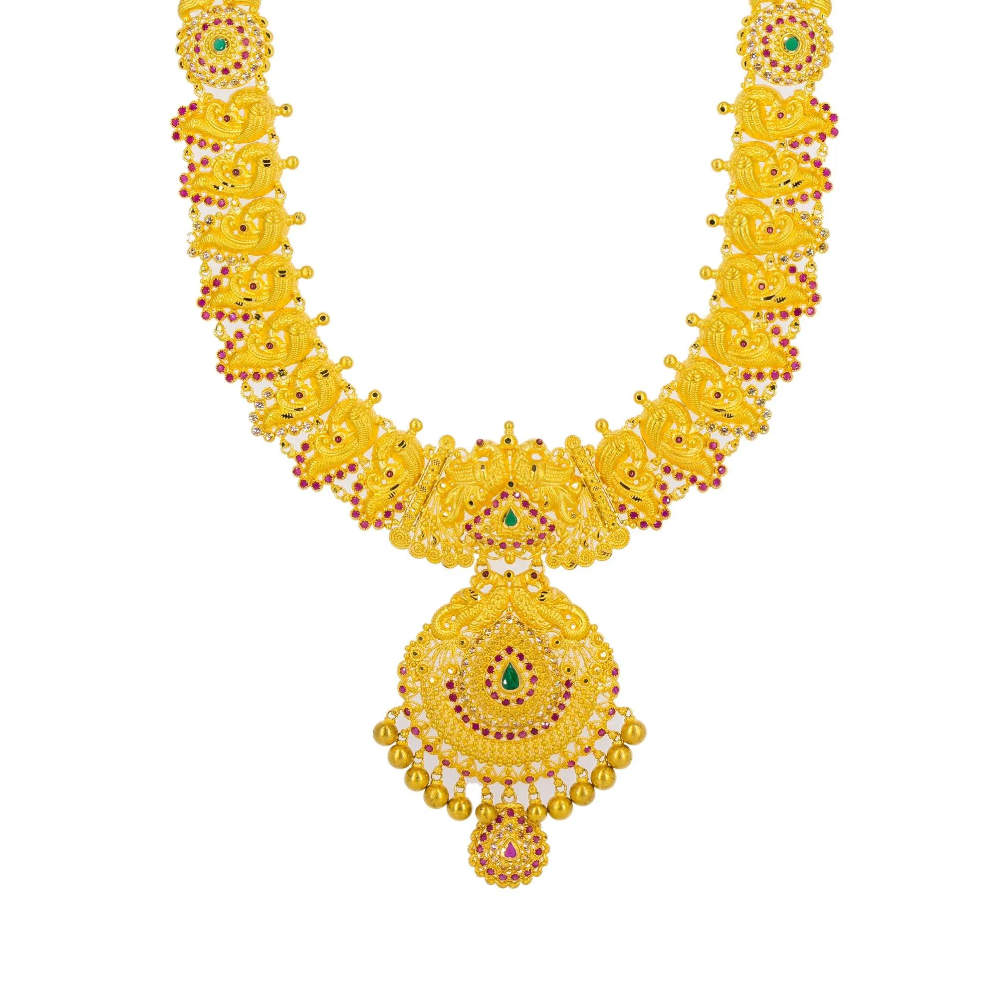 22K Yellow Gold Long Necklace & Jhumki Earrings W/ Rubies, Emeralds, CZ & Peacock Accented Necklace