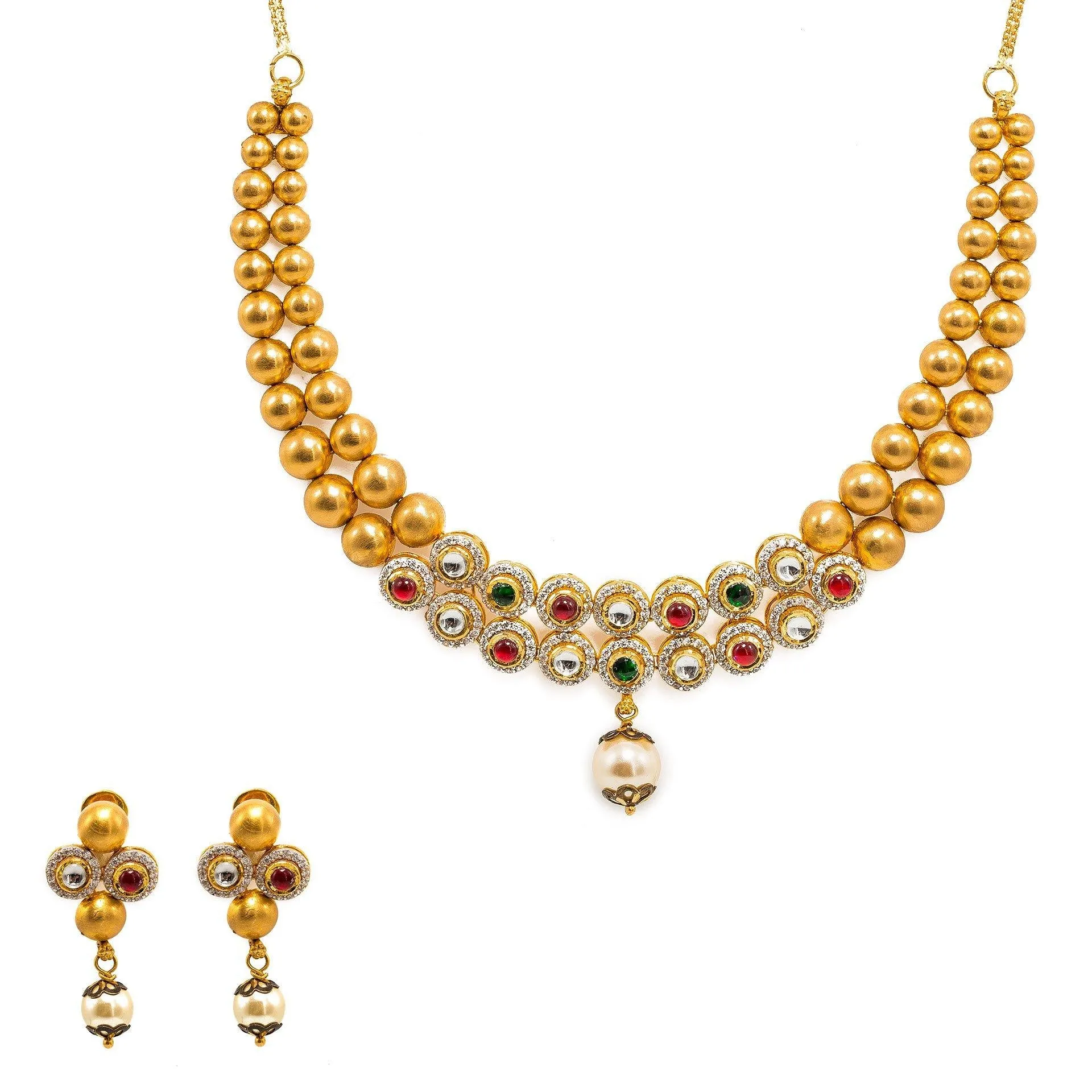 22K Yellow Gold Necklace And Earrings Set W/ Rubies, Emeralds, CZ Stone Jewelry, Pearls & Smooth Gold Balls