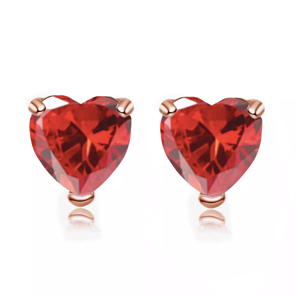 24k Rose Gold Plate 1/2 Carat Heart Created Ruby Stud Earrings Gold Plated