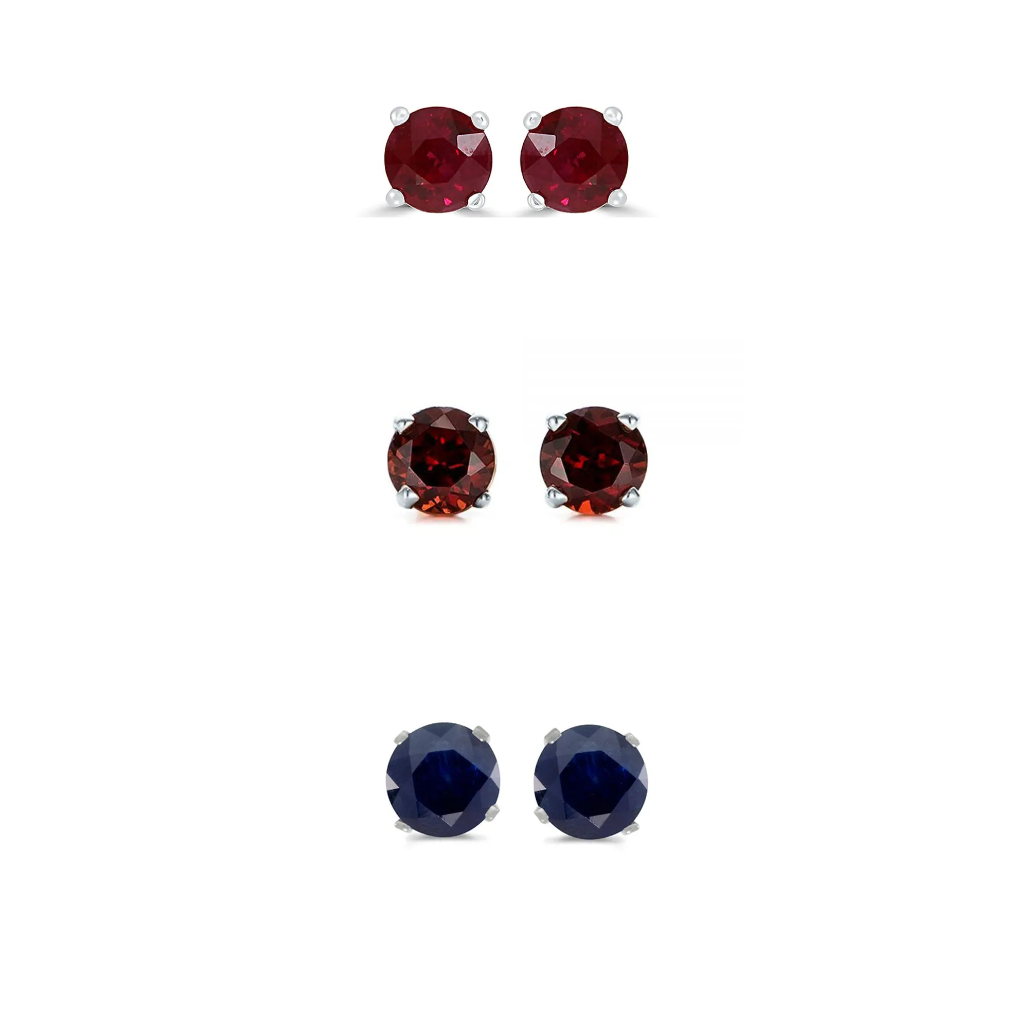 24k White Gold Plated 1Ct Created Ruby, Garnet and Black Sapphire 3 Pair Round Stud Earrings