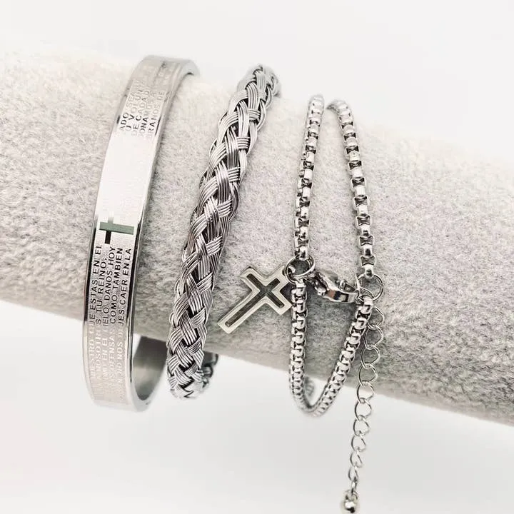 3 Piece Set Men's Cross Pendant SS Bangle Bracelet