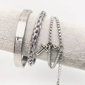 3 Piece Set Men's Cross Pendant SS Bangle Bracelet