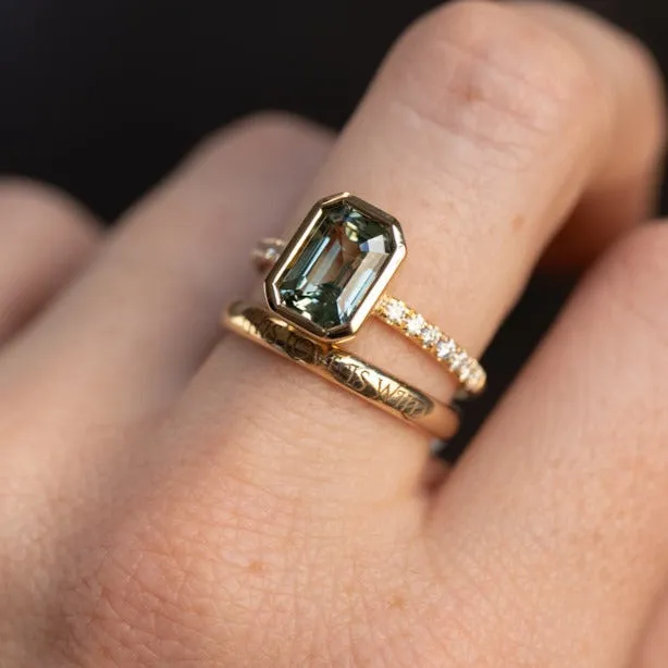 3.02ct Emerald Cut Madagascar Minty Sapphire Low Profile Bezel Solitaire Ring with French Set Diamonds in 14k Yellow Gold