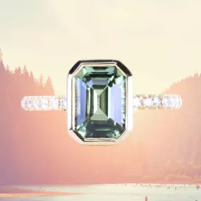 3.02ct Emerald Cut Madagascar Minty Sapphire Low Profile Bezel Solitaire Ring with French Set Diamonds in 14k Yellow Gold