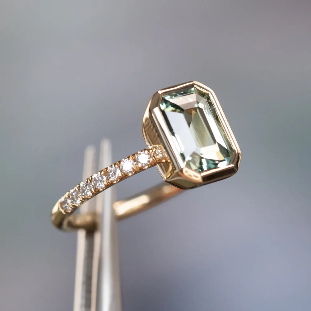 3.02ct Emerald Cut Madagascar Minty Sapphire Low Profile Bezel Solitaire Ring with French Set Diamonds in 14k Yellow Gold