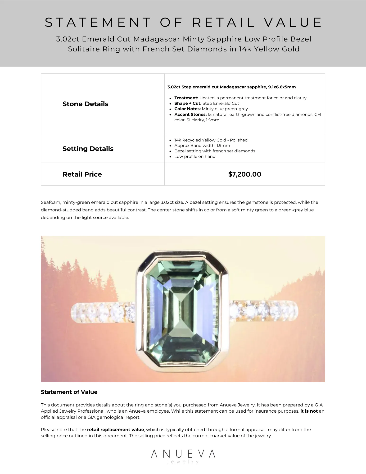 3.02ct Emerald Cut Madagascar Minty Sapphire Low Profile Bezel Solitaire Ring with French Set Diamonds in 14k Yellow Gold