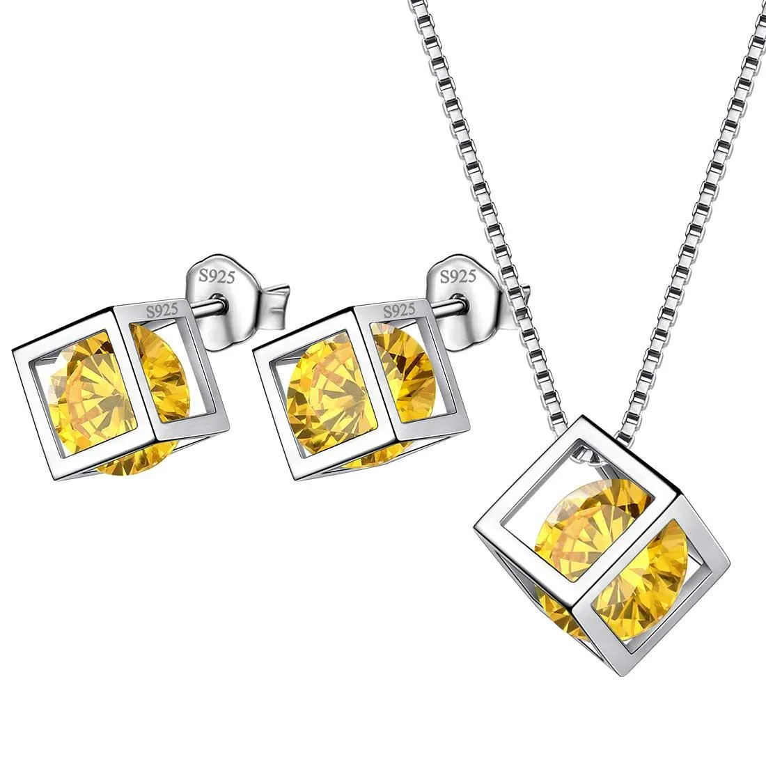 3D Cube Birthstone November Citrine Jewelry Set 3PCS Women Girls Birthday Gift