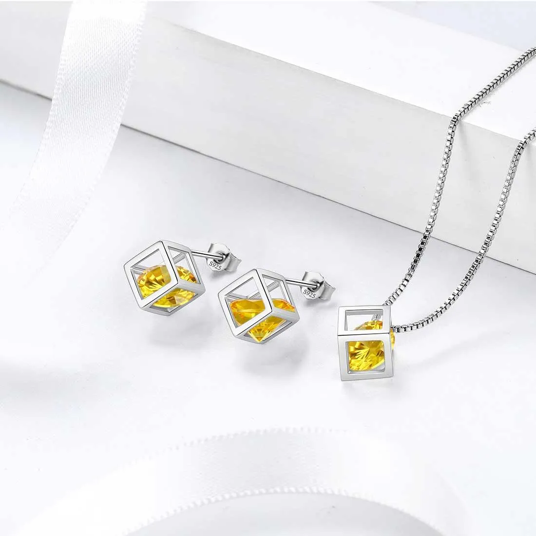 3D Cube Birthstone November Citrine Jewelry Set 3PCS Women Girls Birthday Gift