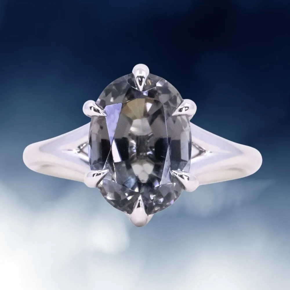 4.02ct Smoky Grey Tourmaline Oval Six Prong Split Shank Solitaire in 14k White Gold