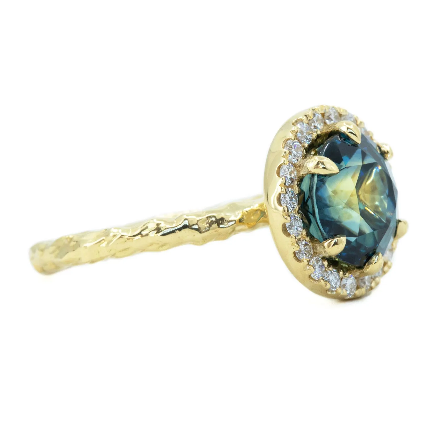 4.27ct Blue Madagascar Sapphire Six Prong Halo Evergreen Ring in 18k yellow gold