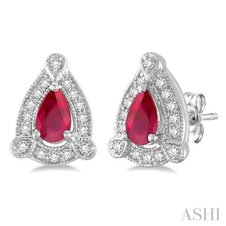 5x3 mm Pear Shape Ruby and 1/6 Ctw Round Cut Diamond Earrings in 14K White Gold