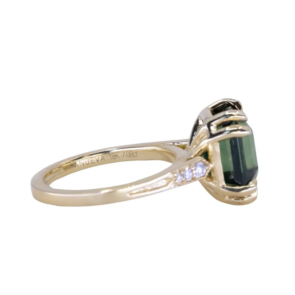 7.08ct Emerald Cut Teal Sapphire and Diamond Vintage Cathedral Double Prong Ring in 18k Yellow Gold