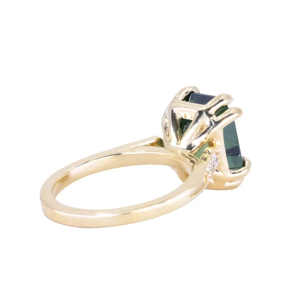 7.08ct Emerald Cut Teal Sapphire and Diamond Vintage Cathedral Double Prong Ring in 18k Yellow Gold