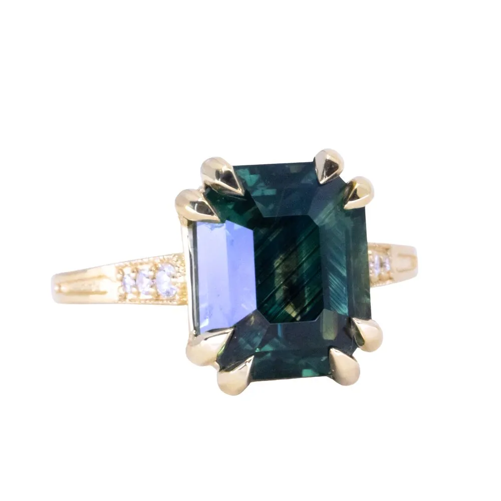 7.08ct Emerald Cut Teal Sapphire and Diamond Vintage Cathedral Double Prong Ring in 18k Yellow Gold