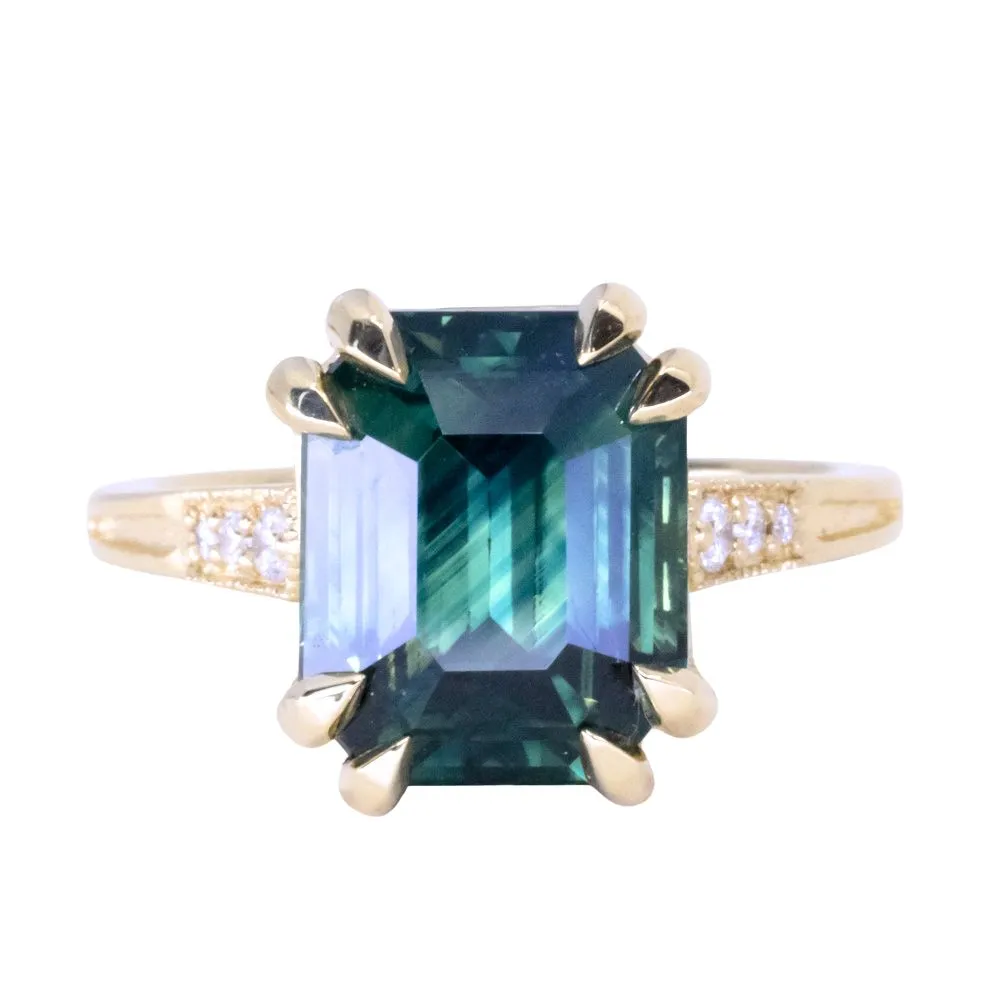 7.08ct Emerald Cut Teal Sapphire and Diamond Vintage Cathedral Double Prong Ring in 18k Yellow Gold