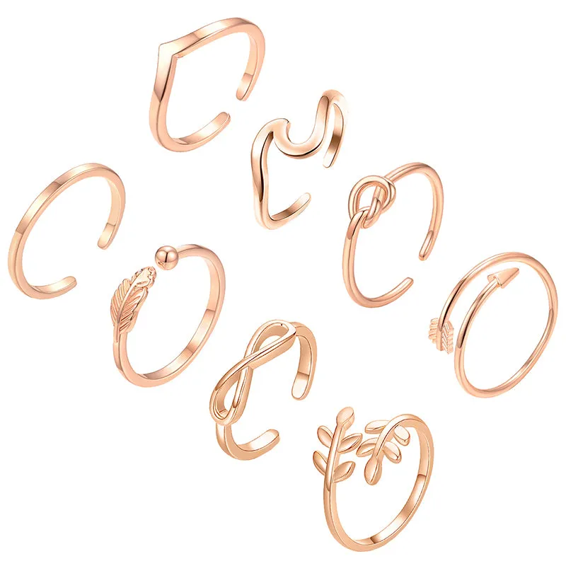 8 Pieces Arrow Knot Wave Adjustable Open Rings Set