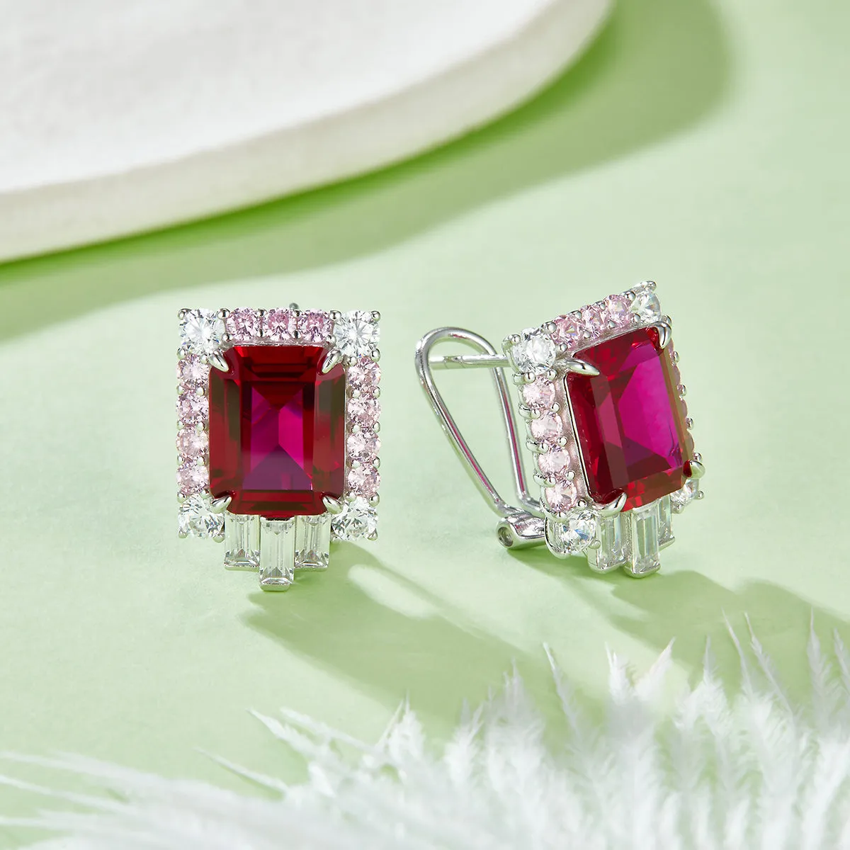 8.0 Carat Rectangular Lab Grown Ruby with Dual Tone Halo S925 Silver-Plated Platinum Stud Earrings