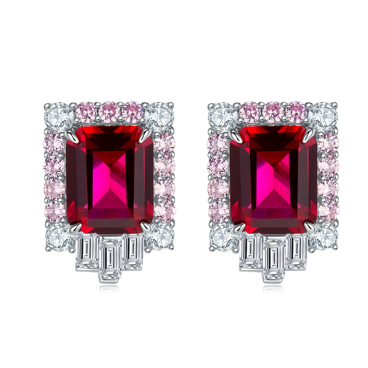 8.0 Carat Rectangular Lab Grown Ruby with Dual Tone Halo S925 Silver-Plated Platinum Stud Earrings