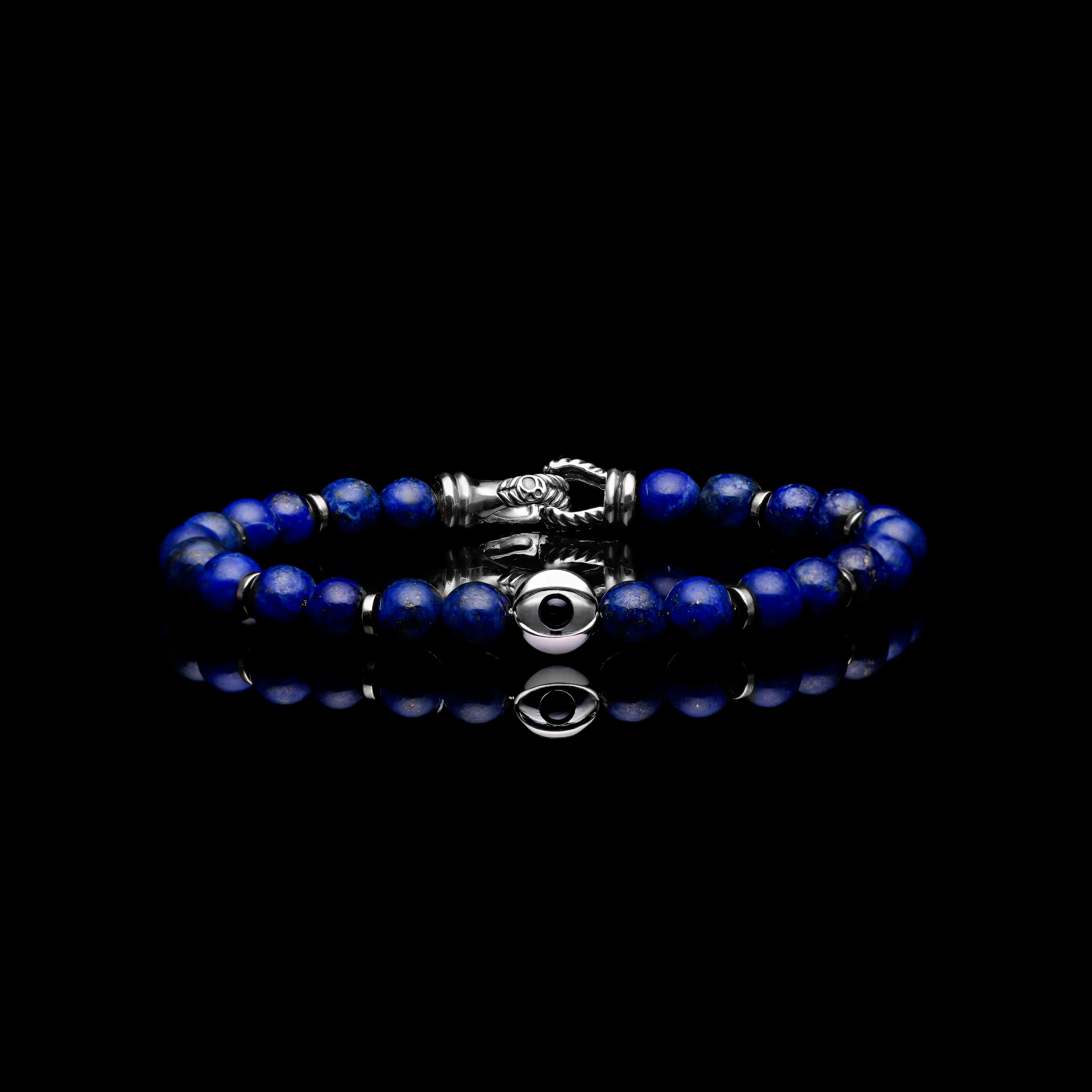 925 Silver Evil Eye Bracelet | Lapis Lazuli Beaded Bracelet In Laurel Clasp