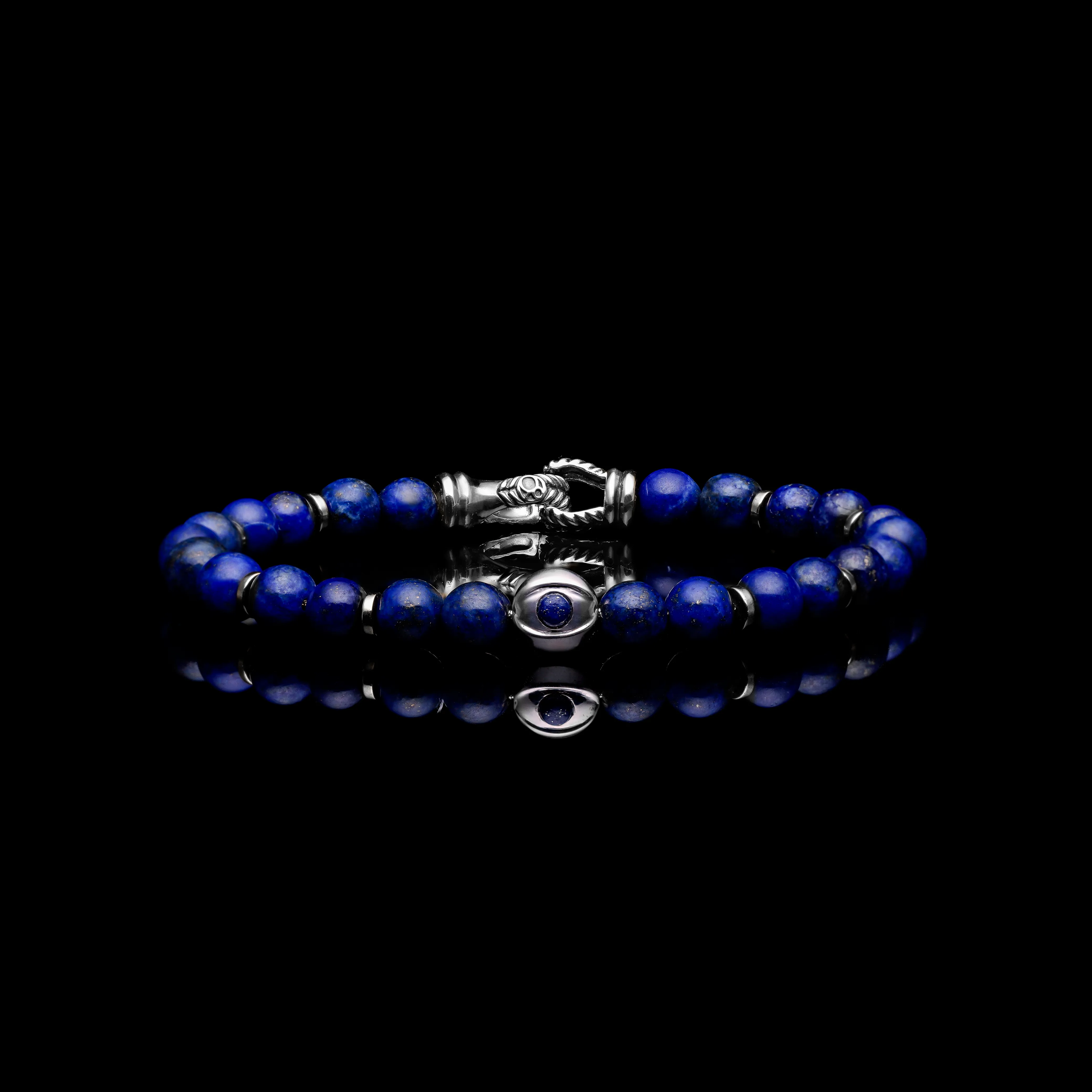 925 Silver Evil Eye Bracelet | Lapis Lazuli Beaded Bracelet In Laurel Clasp