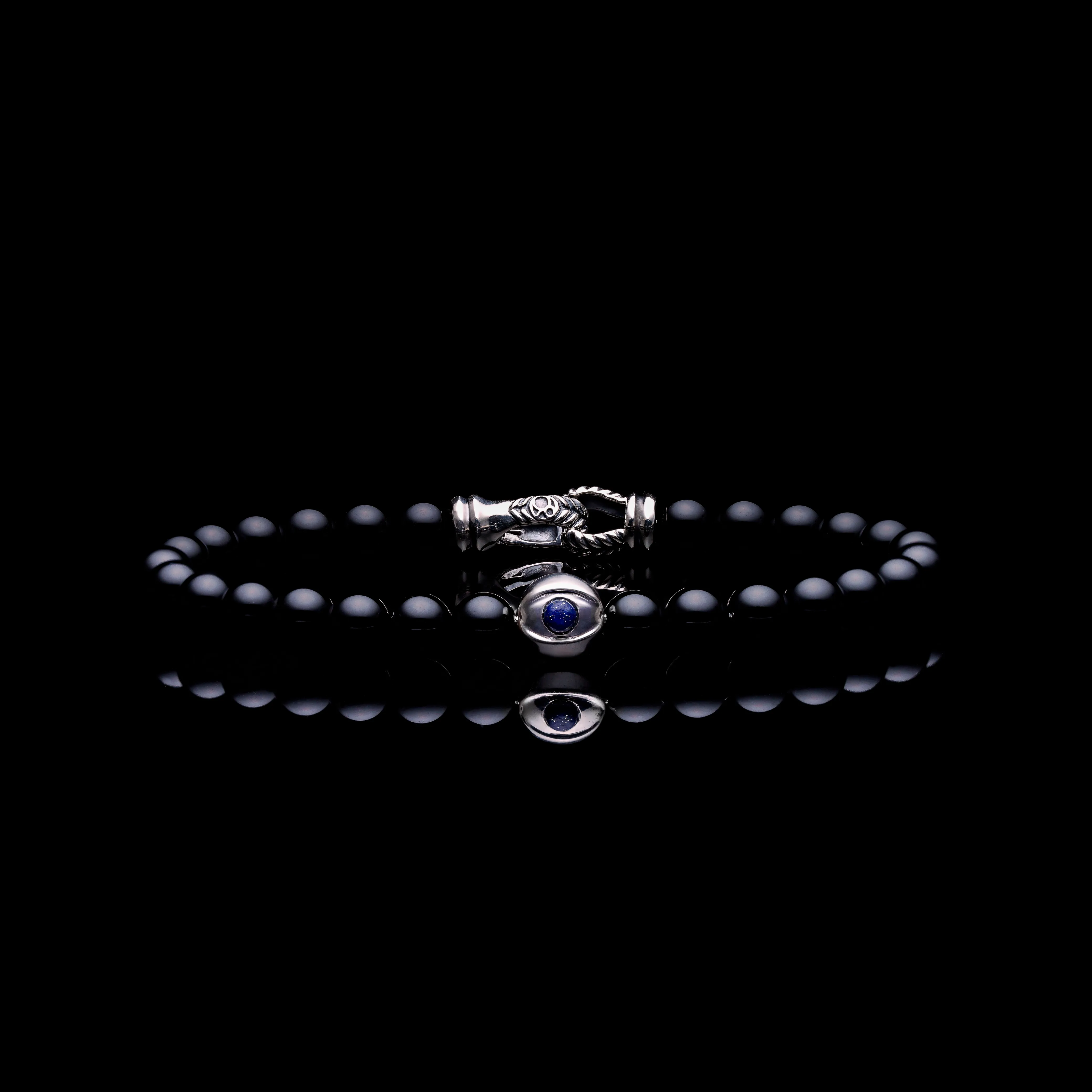 925 Silver Evil Eye Bracelet | Onyx Beaded Bracelet In Laurel Clasp