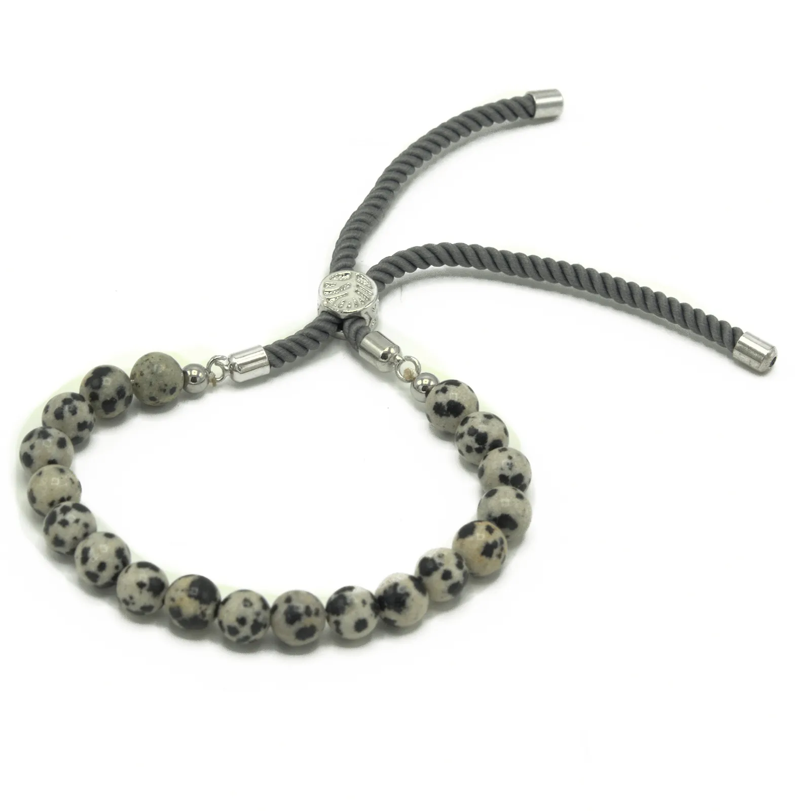 925 Silver Plated Dalmatian Jasper Charcoal String Bracelet | Adjustable Fashion Jewelry