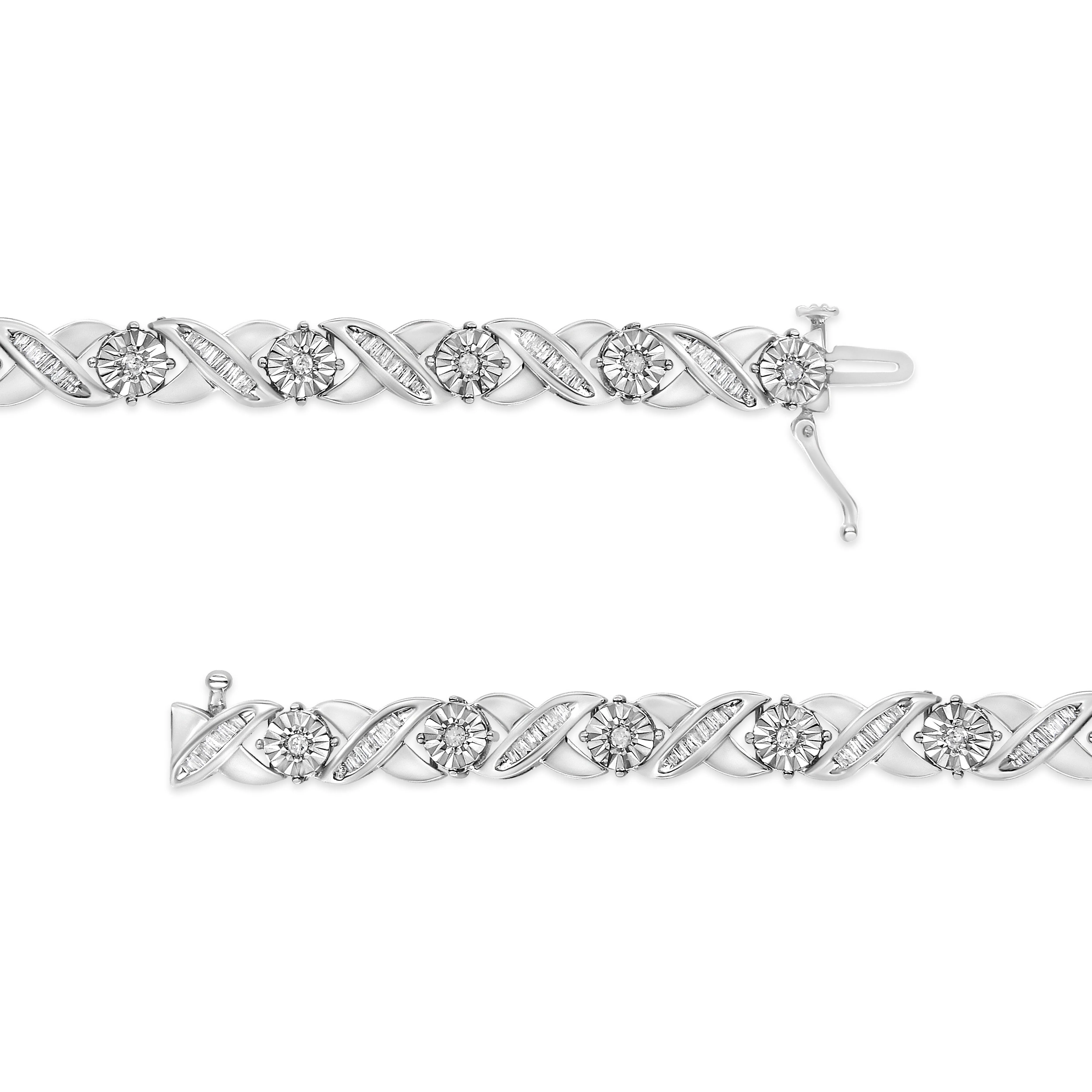 .925 Sterling Silver 1.0 Cttw Round-Brilliant and Baguette Cut Diamond Miracle-Set X-Link 7" Tennis Bracelet