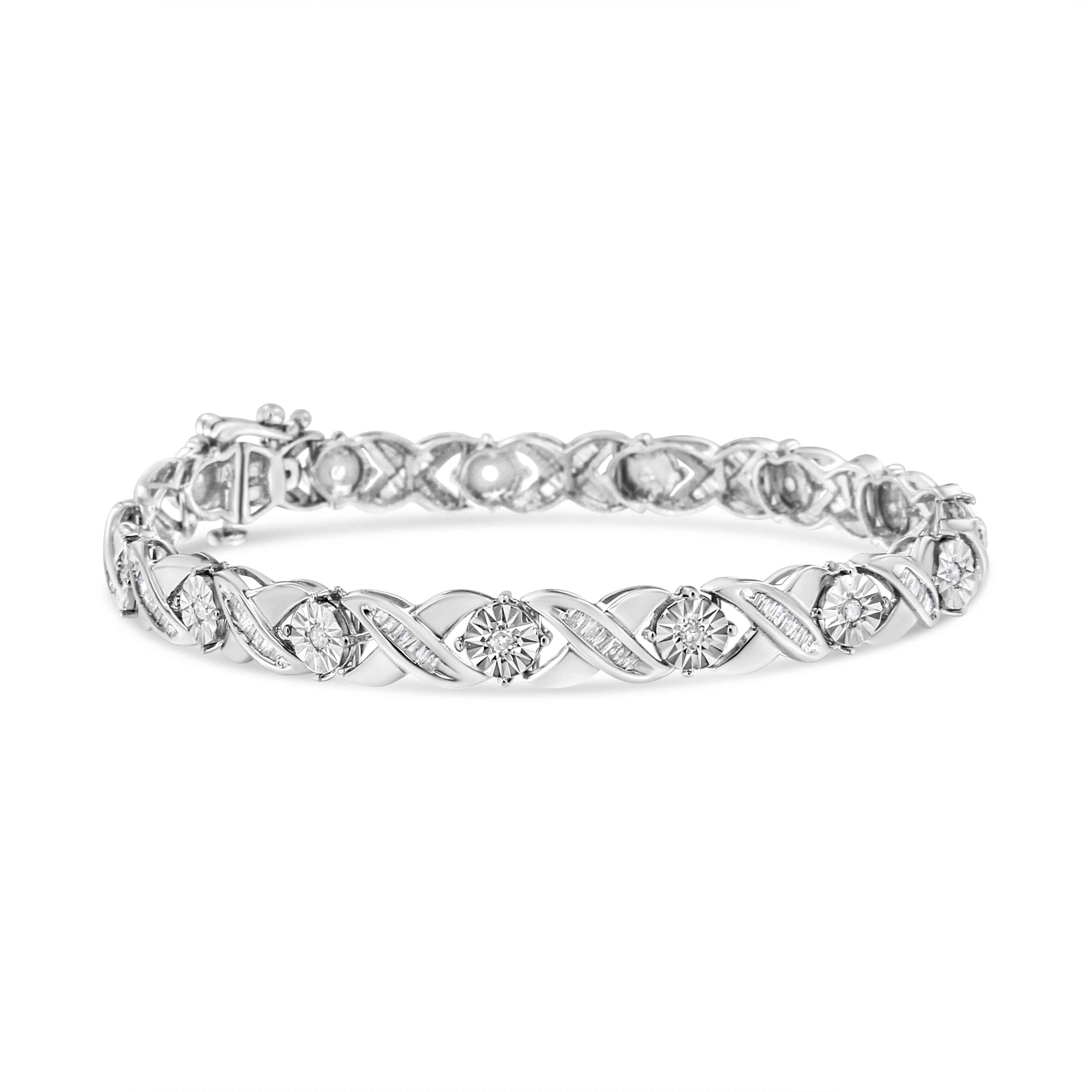 .925 Sterling Silver 1.0 Cttw Round-Brilliant and Baguette Cut Diamond Miracle-Set X-Link 7" Tennis Bracelet