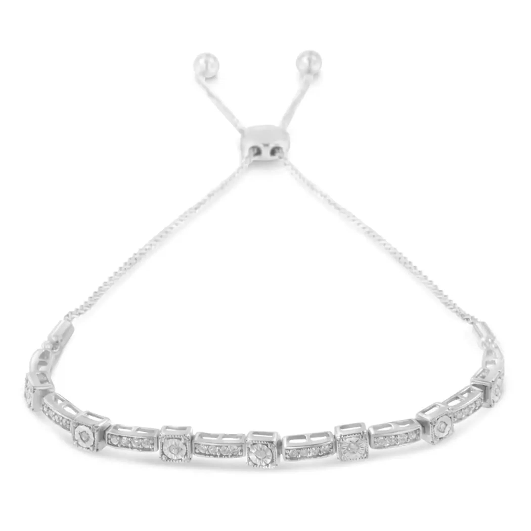 .925 Sterling Silver 1/4 Cttw Diamond Art Deco Milgrain Square Station & Bar Style Adjustable Bolo 6"-9" Bracelet (H-I Color, I2-I3 Clarity)