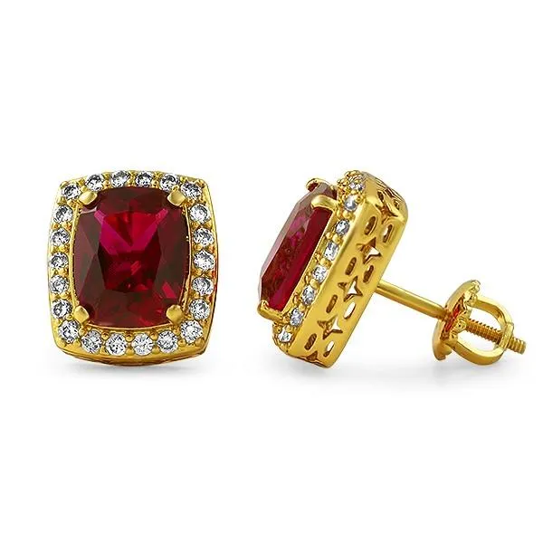 .925 Sterling Silver Gold Lab Ruby CZ Earrings